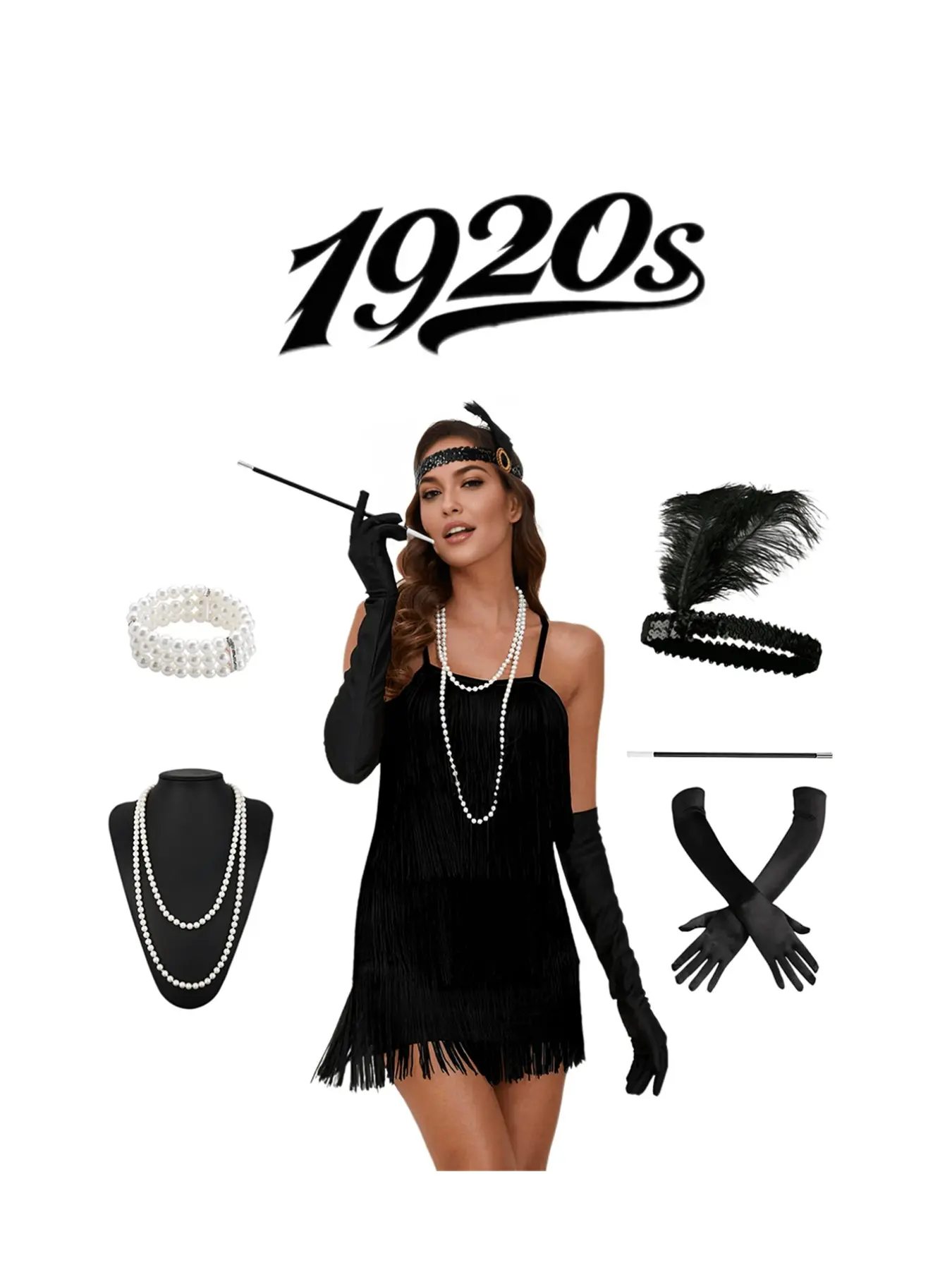7-Piece Women's 1920s Retro Flapper Dress Set, Fringe Tassel Party Dress with Feather Headband, Pearl Necklace, Gloves, Cigarette Holder