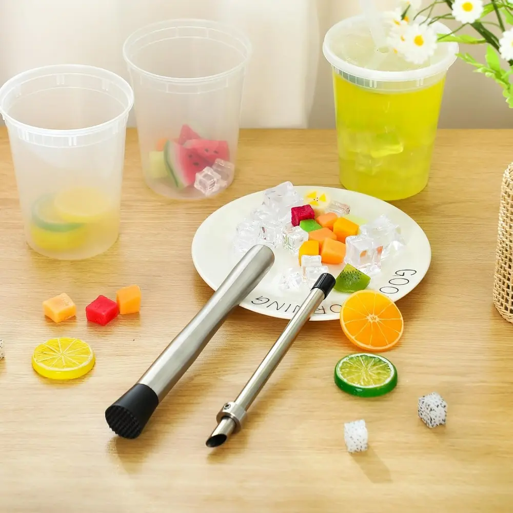 Straw Puncher for Plastic Lids, Stainless Steel Straw Cup Hole Punch Tool with Muddler And Cleaning Brush Lemonade Cutter Stand Supplies for Cafe, Drinks, Fresh Squeezed Lemonade, Deli Containers