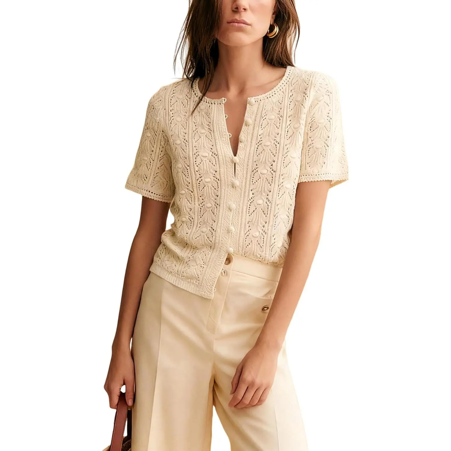 Women's Casual Crochet Cardigan, Short Sleeve Button Down Lightweight Hollow Out Knit Sweater, Crochet Yarn Blouses & Shirts
