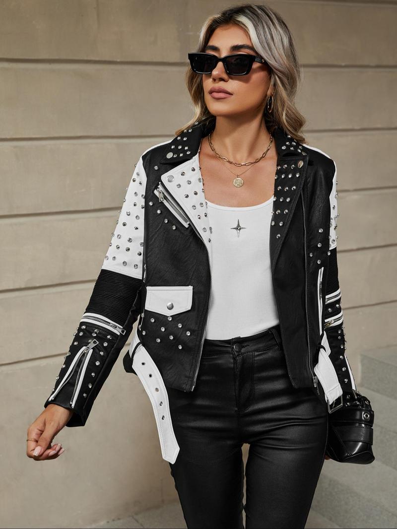 Women's Spring Autumn Jacket with Belt, Casual Vintage Simple Motorcycle Jacket, Rivet Coat with Pockets and Asymmetrical Zipper, Zip Front Jacket