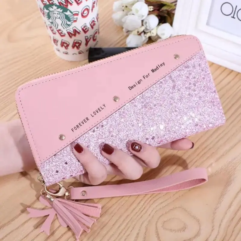 Glitter Color Block Women Wallet, Faux Leather Long Zip‑Around Clutch Purse, Large Capacity Foldable Card Holder, Fashion Hand Clutch for Daily Shopping Travel Use