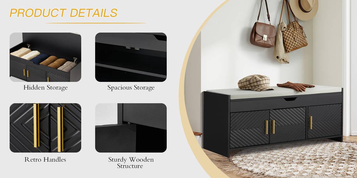 Entryway Storage Bench, Shoe Storage Bench with Cushioned Seat & Hidden Compartments, Shoe Cabinet Bench for Bedroom, Hallway, and Compact Spaces, Light Gray/Black