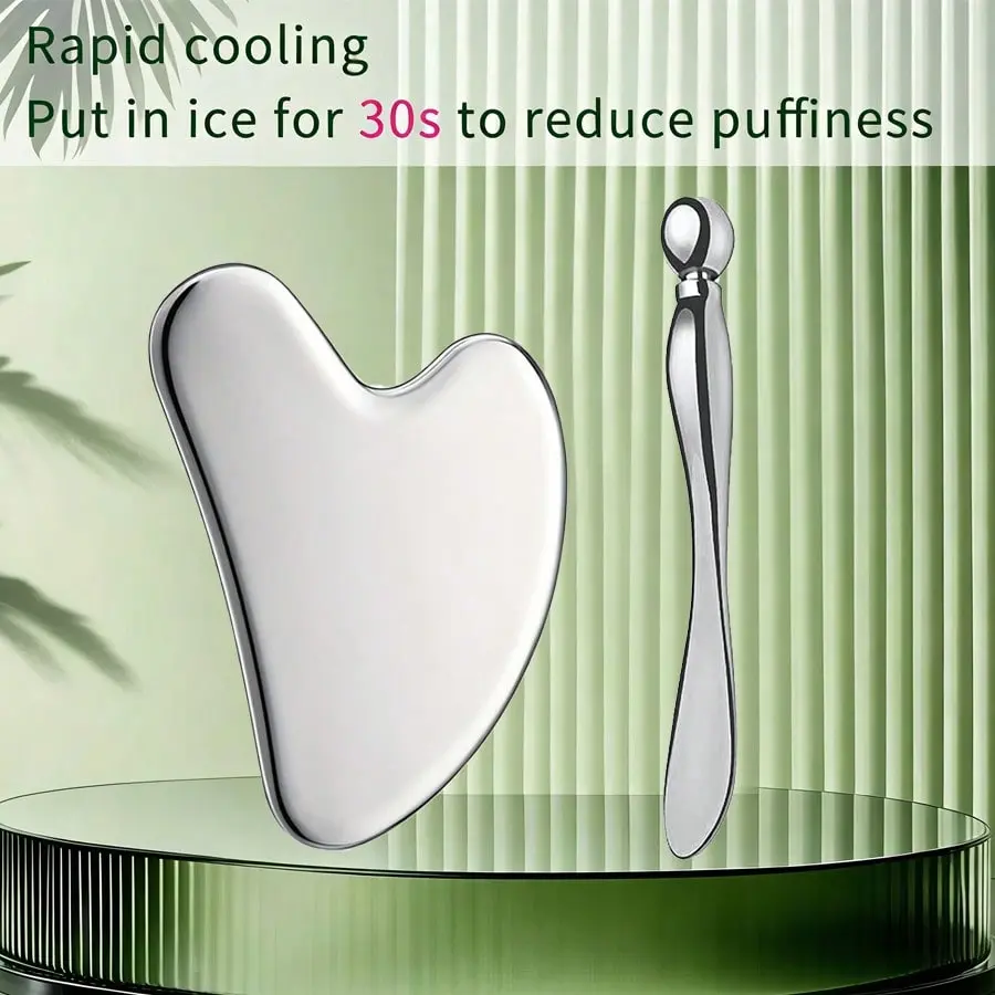 2pcs Stainless Steel GuaSha & Eye Cream Applicator Facial Tools, Metal Guasha for Face Neck, Eye Massager Tool, Beauty Massagers