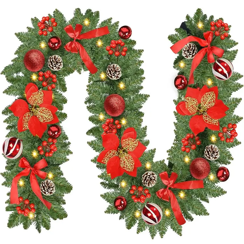 30 LED Christmas Decoration Lights, Battery-Powered, Pinecone Flowers Bowknots, Indoor Outdoor Holiday Decor, Stair Fireplace Door Window