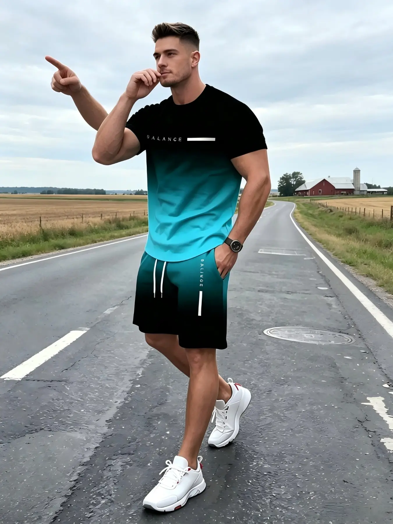 Trending Men's Gradient 2-Piece Set: Balance Graphic Tee & Shorts. Summer Streetwear Casual Athletic Outfit. Limited Stock Fast!