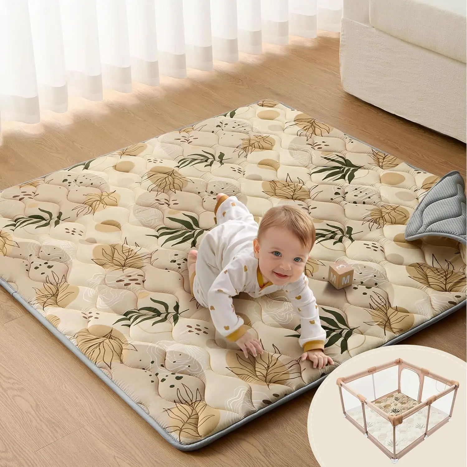 Indoor Recreation Foam Play Mat for Babies, 50x50in Non-Slip Foam Pad with Polyester Top & Safe Fillings, Thick Cushioning, Machine Washable, Earth Tones & Tropical Leaves Design, Unisex Use