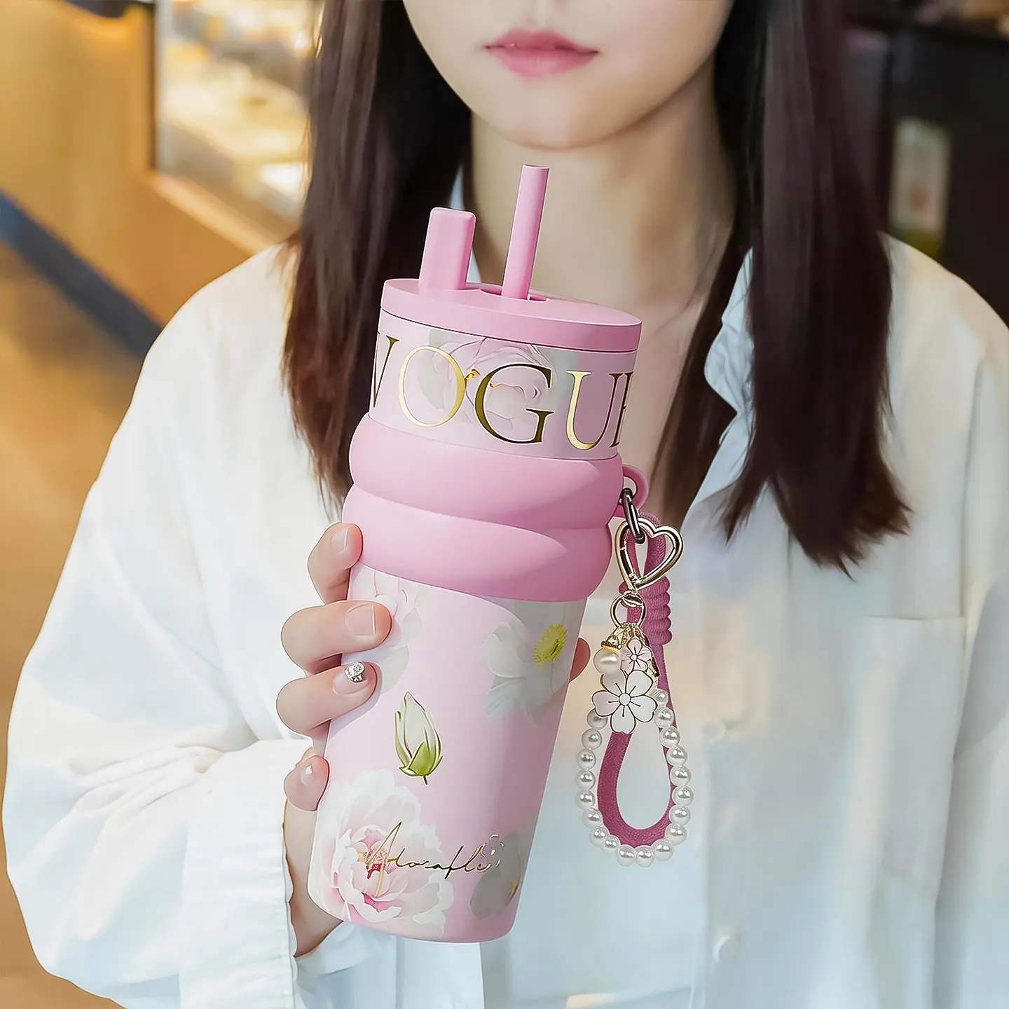 Floral Pattern Vacuum Insulated Tumbler, Insulated Water Bottles, SUS316 Food Grade Stainless Steel Liner Water Bottle with Straw Lid & Flower Lanyard, Leakproof Travel Coffee Mug for Hot & Cold Beverages, Anti-Slip Silicone Band Portable Car Cup