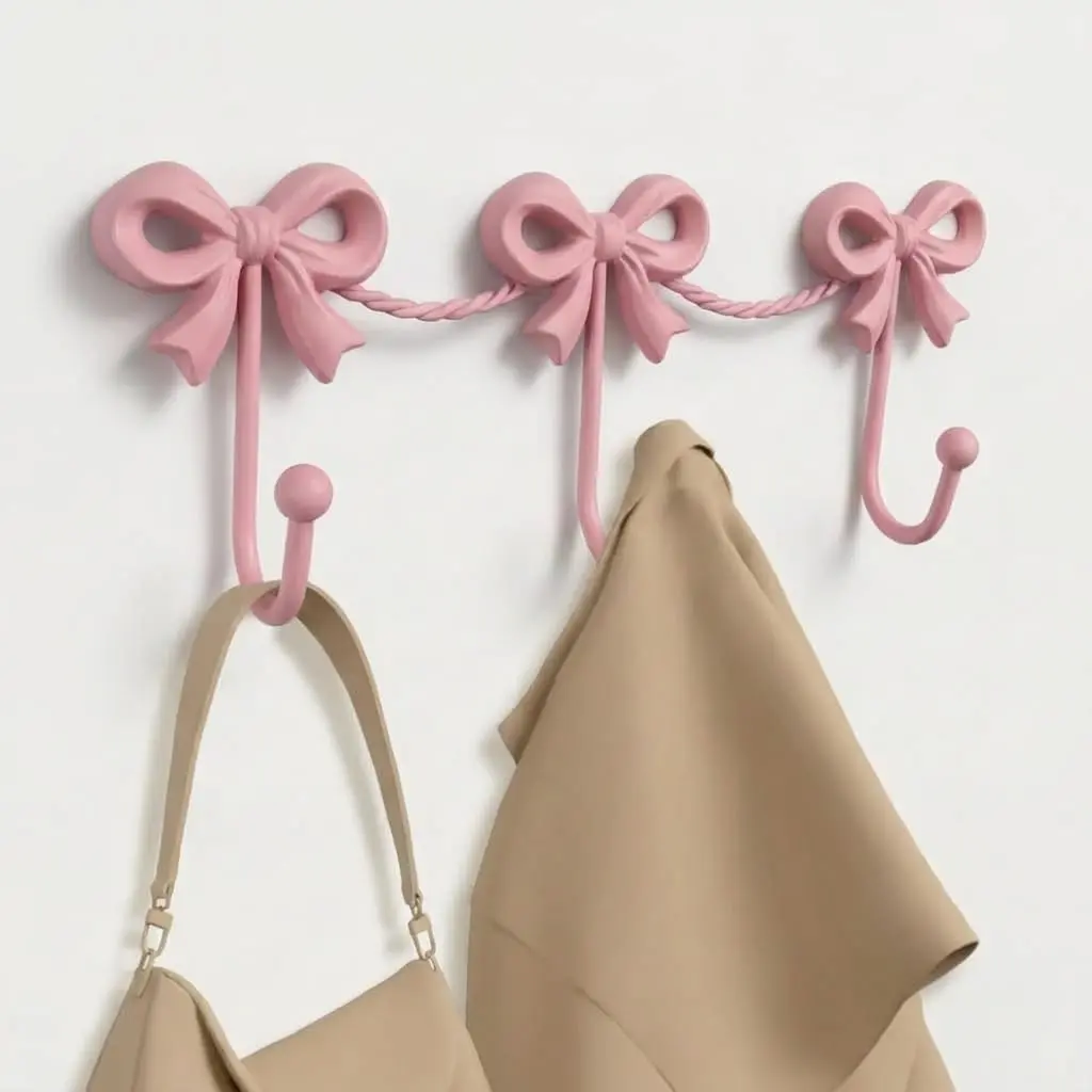 Pink Bow Decor for Girls Room Decor - Pink Wall Hooks for Baby Shower Decorations, Pinks Bow Kids Hangers for Coats, Bags, Bath Towels, Bathroom, Girl Nursery,Coquette Room, 14.1 * 4.5'’