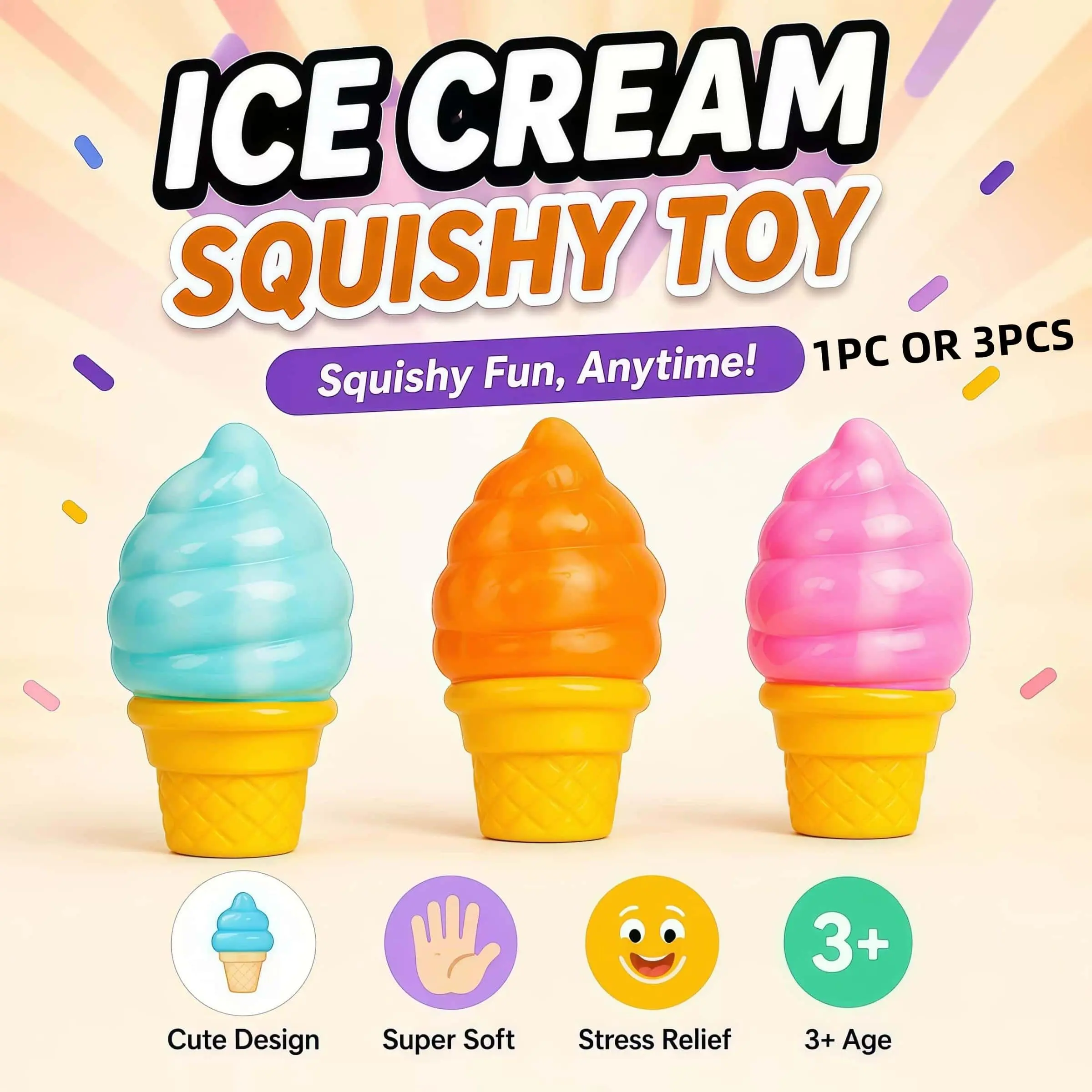 Super Soft Ice Cream Squishy Toy | Squishy Fun Stress Relief Squeeze Fidget Sensory Toy for Kids & Adults | Cute Birthday Gift Party Favor | Squishy Fidgets