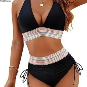 Metallic Wave Bikini - Trendy White Blue Halter Triangle Top with Adjustable Tie Bottom, Sexy Eye-Catching Trim Two Piece Swimwear, Must-Have Flattering Summer Look for Resort Vacation