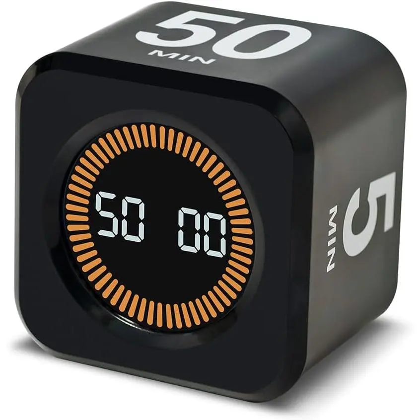 Visual Rotating Timer with 5, 10, 25 50 Minutes Preset, Desk Cube Count Down/up Timer, Rechargeable Custom-time Mute/Sound, Ideal for  Work Learning Kitchen, Black
