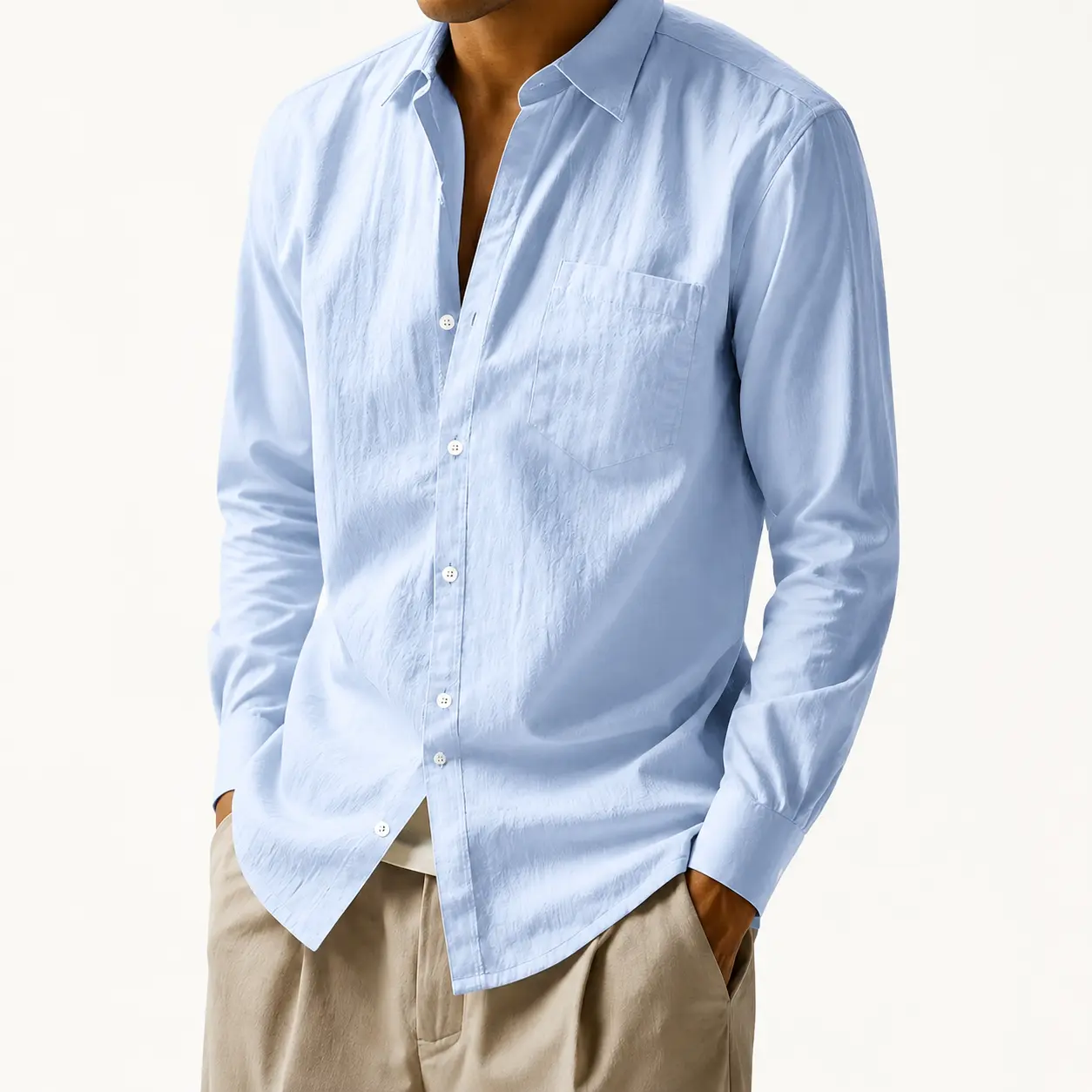 Men's Casual Linen-Look Fabric Menswear Shirt - Lightweight Loose Long-Sleeve Button-Down Plain Top, Trendy Summer Outfit for Beach, Outdoor Wear
