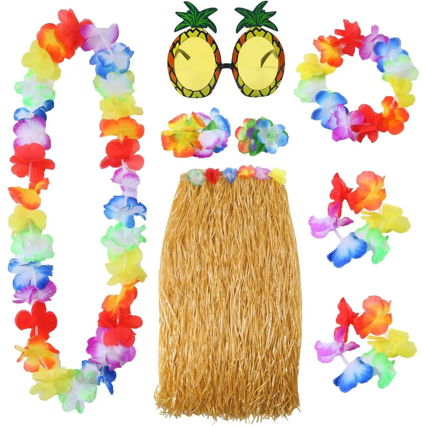 8 Pieces Hawaiian Hula Grass Skirt Set | Luau Party Outfits for Women & Adults with Grass Skirts, Sunglasses, Leis Necklaces, Bracelets(Gift)