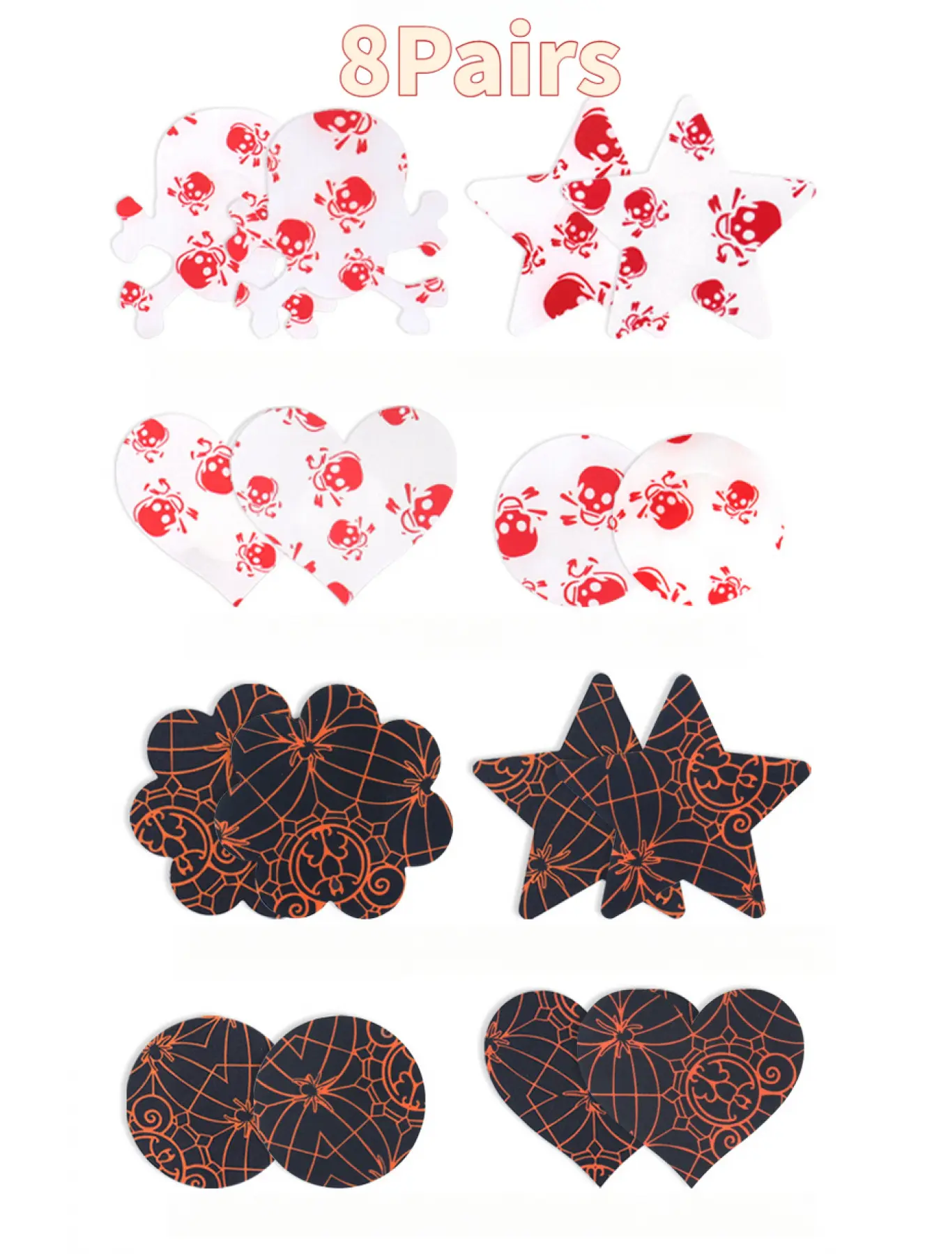 8 Pairs of Disposable Halloween Spider Web Bat Pattern Breast Patches for Women, Halloween Party Breast Covers