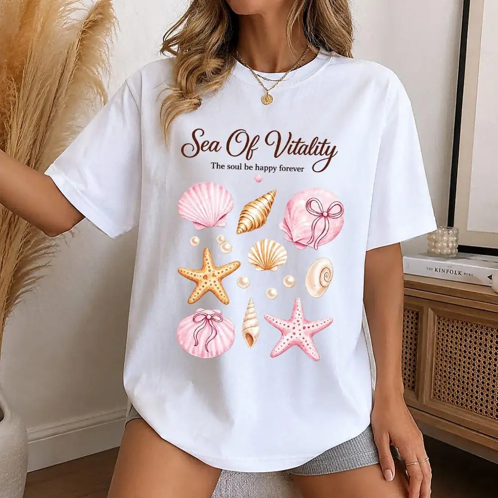 Coastal Beach Graphic T Shirt For Women Sea Of Vitality Seashell Starfish Pearl Art Print Oversized Crewneck Short Sleeve Top Trendy Summer Casual Weekend Outfit Apparel