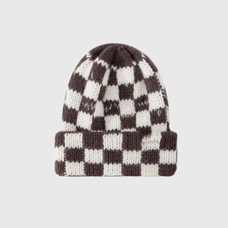 New Japanese Korean Winter Check Plaid Skullies Beanies Knit Hat for Women Ins Luxury Brand Y2k Bonnet Heavy Warm Hat Casual Cap