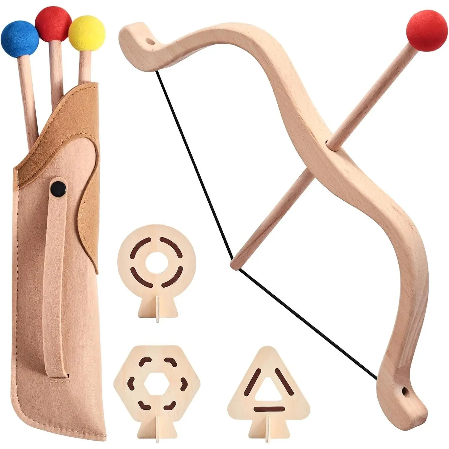 Kids Bow and Arrow Wooden Archery Toy Set for Ages 3+ with 3 Arrows, 3 Targets, Quiver - Indoor Outdoor Toys for Children Boys Girls