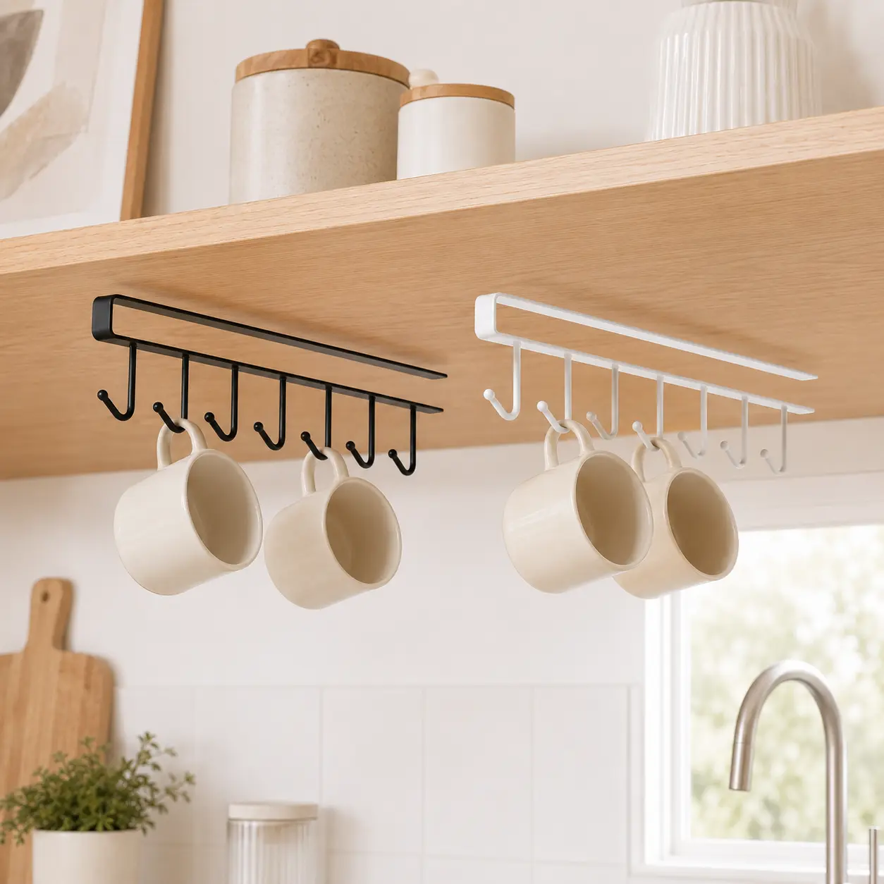 2 Pack Under Cabinet Mug Racks with 6 Hooks Each, No Drill Metal Coffee Cup Holders for Kitchen Cabinets and Coffee Bars