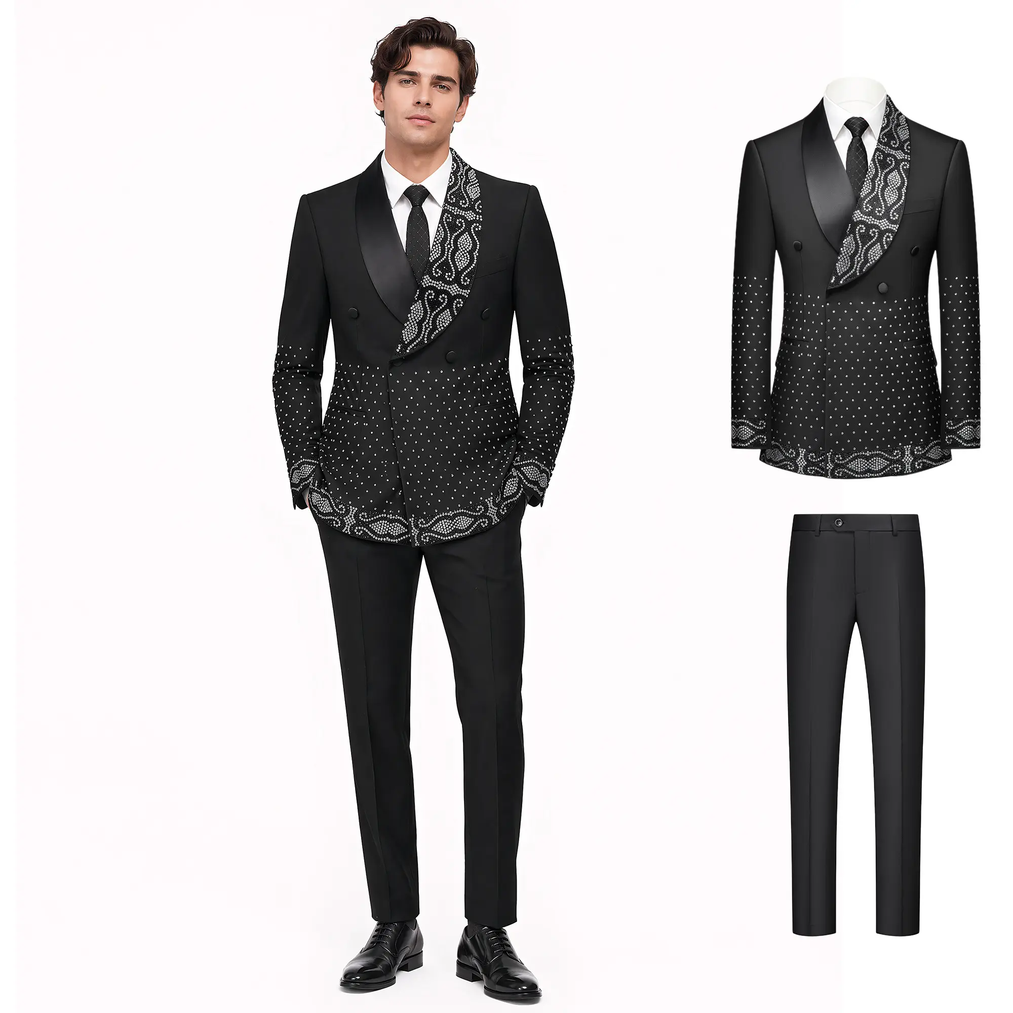 Men's Prom Rhinestone Tuxedo - Black Ornate 2 Piece Formal Suit for Beach Sunset Wedding Party