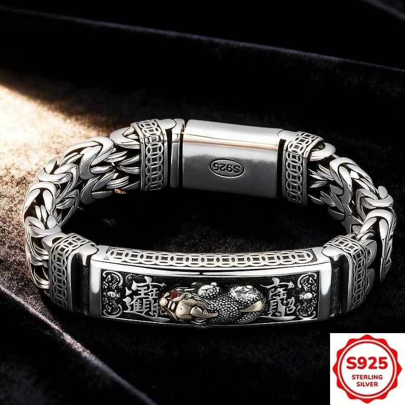 S925 Silver Pixiu Feng Shui Bracelet for Men - Men's Byzantine Braided Chain with Good Luck Totem, Masculine Wealth & Prosperity Jewelry, Adjustable Clasp, Ideal Gift for Him