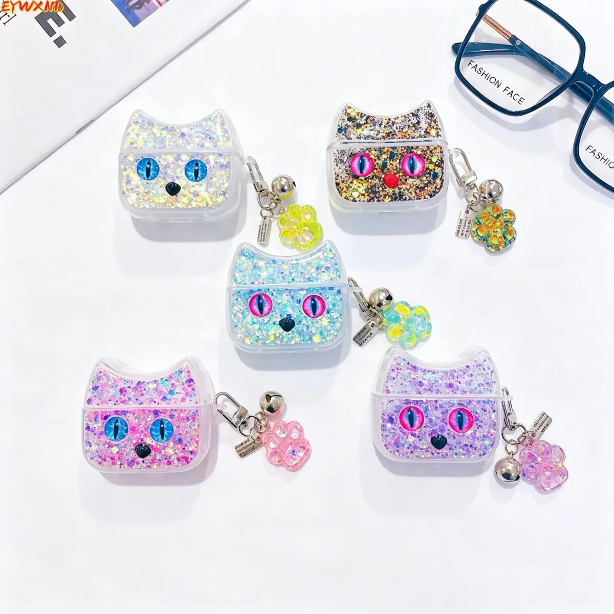 EYWXND New cat-eye epoxy resin case for AirPods Pro, colorful glitter cat ear universal soft case
