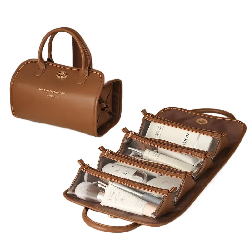 Elegant 4-in-1 Detachable Cosmetic Storage Bag, Foldable Large PU Leather Makeup Handbag, Waterproof Transparent Travel Toiletry Organizer for Skincare & Makeup Tools
