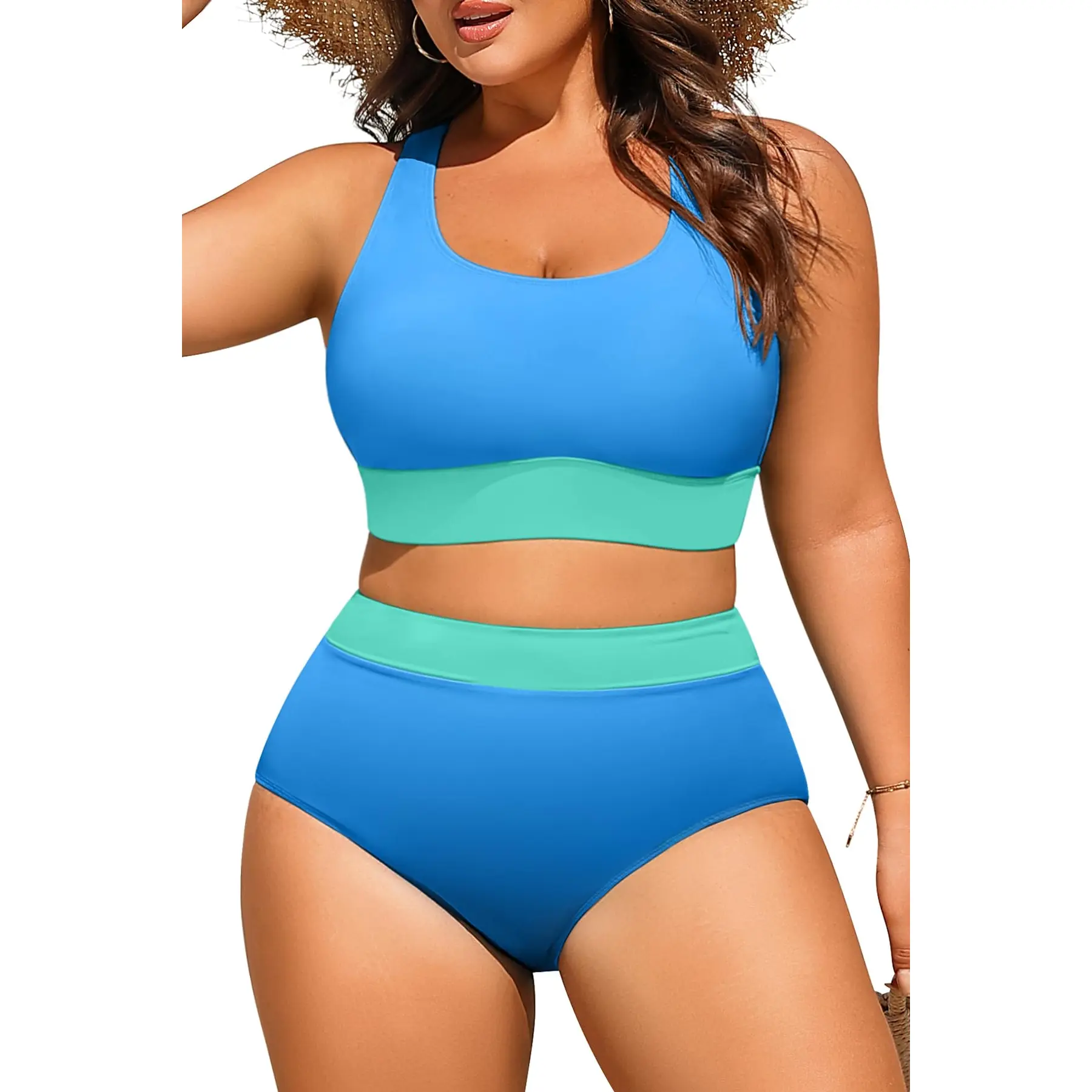 Aqua Eve Plus Size Two Piece High Waisted Bikini Swimsuits Scoop Neck Bikini Set Sporty Bathing Suits