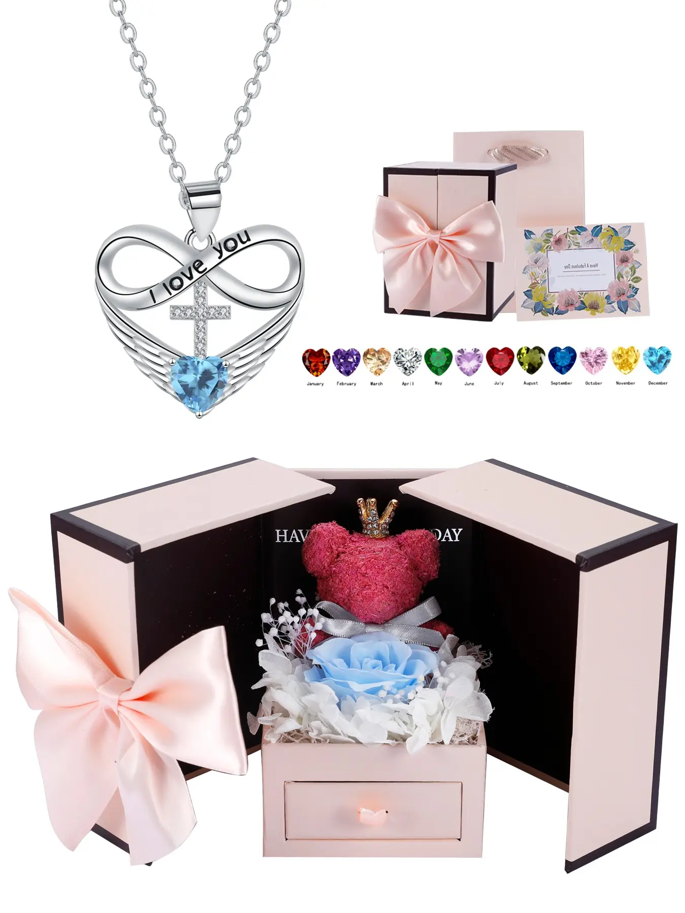 Love Heart Infinity Cross Necklace With Moss Bear Rose Jewelry Gift Box, I Love You Cross Necklace for Women, Faith Christian Jewelry Birthday Gift for Mom Wife Girlfriend