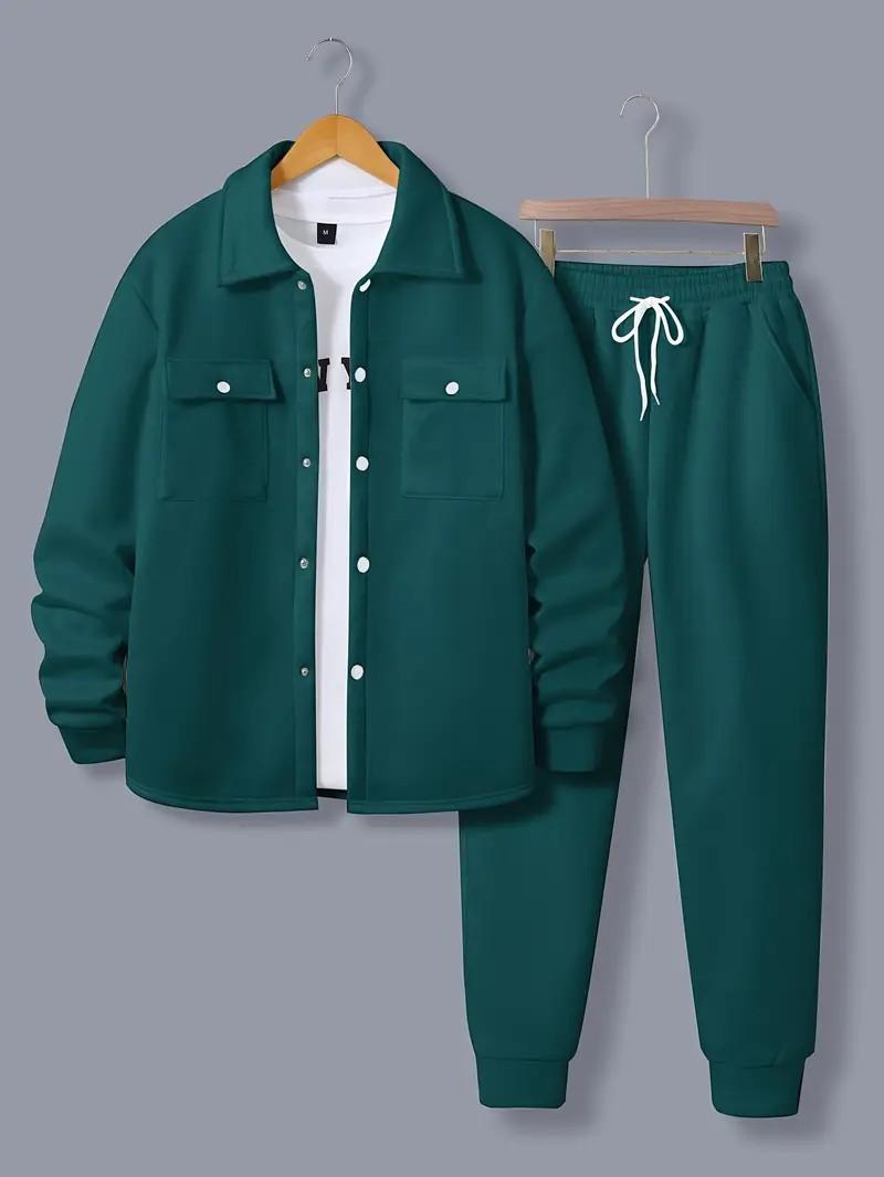 Men's two-piece set men's fashion solid color pocket open button lapel jacket and solid color set formal long sleeved