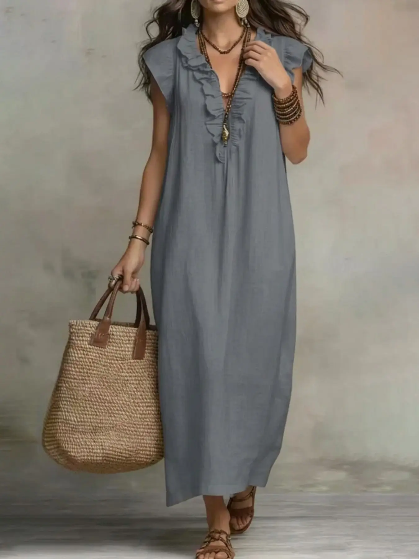 Women's Casual Loose Pure Color V-Neck Fashion Sleeveless Linen Dress, Perfect for Daily Wear, Comfortable and Stylish Ladies' Dress