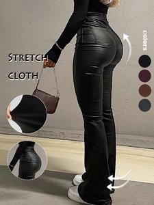 gilipur y2k high waist pu flare leg pants casual comfy plain button pocket trousers women's ladies bottoms for all seasons fall & winter clothes stretchy pu leather flared leg pants coated flared pants