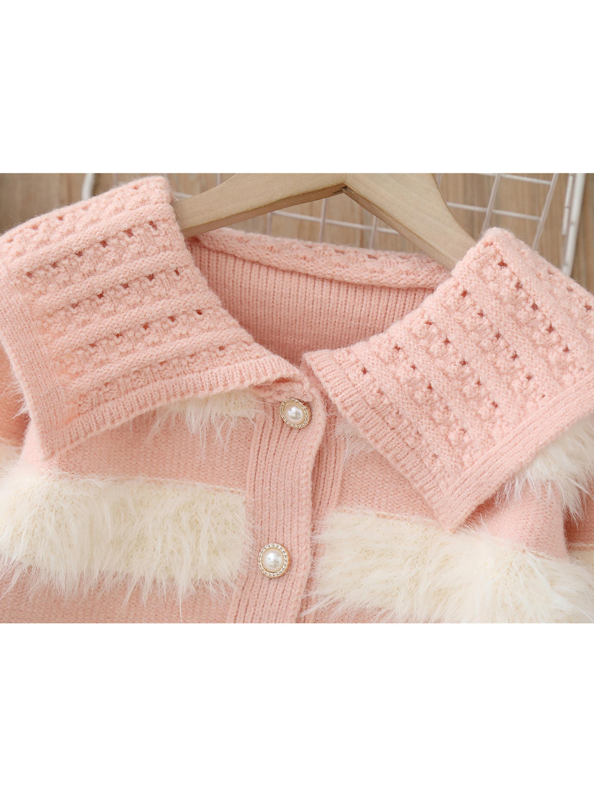 Girls' ted Knit Sweater with Plush Stripes & Pearl Buttons - Soft Pastel Purple & Contrast, Cozy Lapel Collar, Loose Fit Winter Warmth, Cute Casual Daily Wear for Fall/Winter, Easy Button-Front Closure (No Zippers) - Ideal for School & Playdates - D