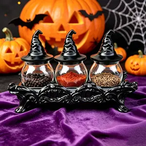 Witchy Hat Apothecary Spice Jars Set of 3 with Resin Stand, Gothic Decorative Glass Seasoning Containers with Witch Hat Lids for Salt Pepper and Herbs, Vintage Herb and Salt Storage Pots for Witchy Kitchen Decor and Home Gifts