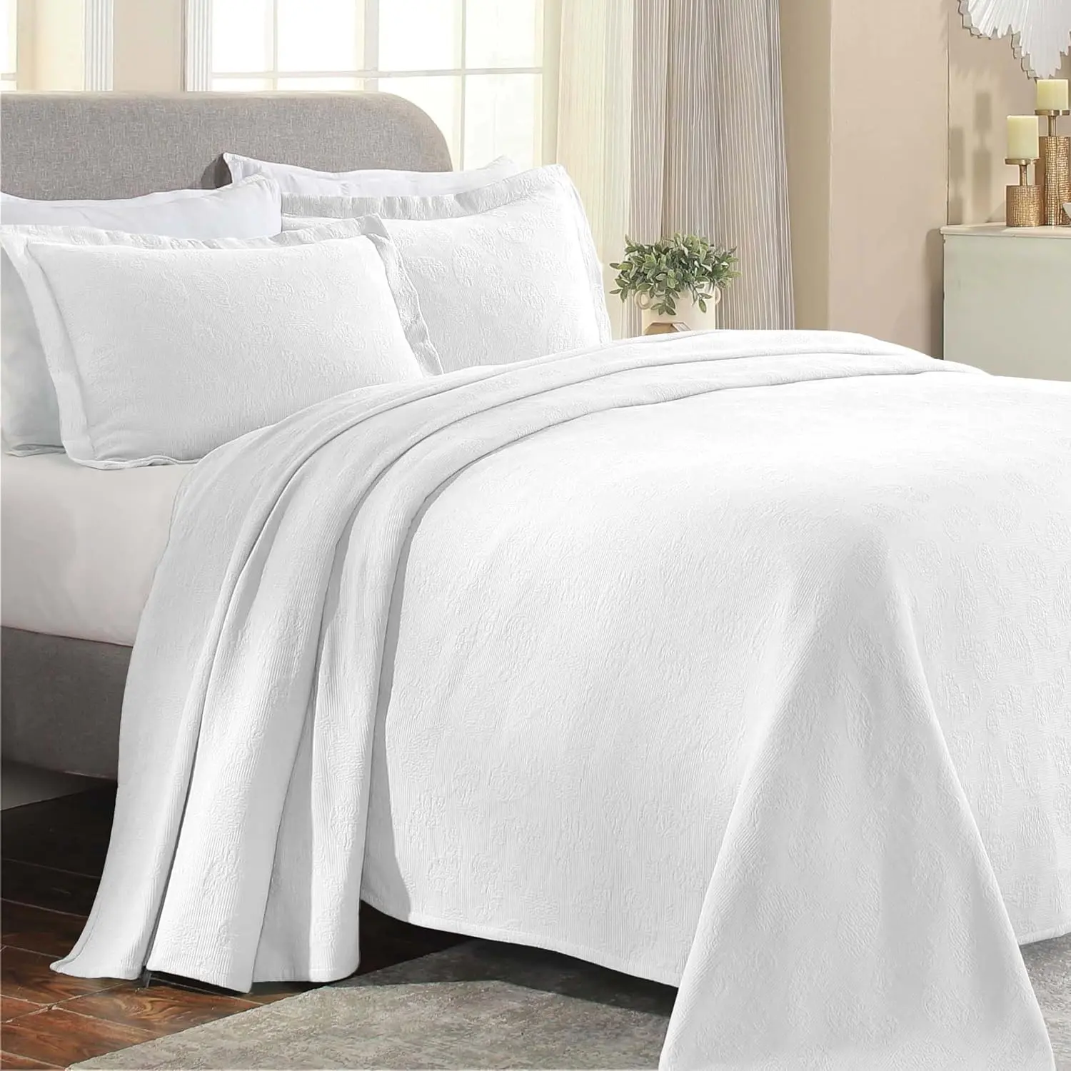 Superior Paisley 3 Piece Cotton Bedspread Set, Home Bed Decor, Decorative Bed Spread, 2 Pillow Shams, Medium Weight Blanket, Matelasse Coverlet Bedding, Vintage Floral Pattern, Twin, White