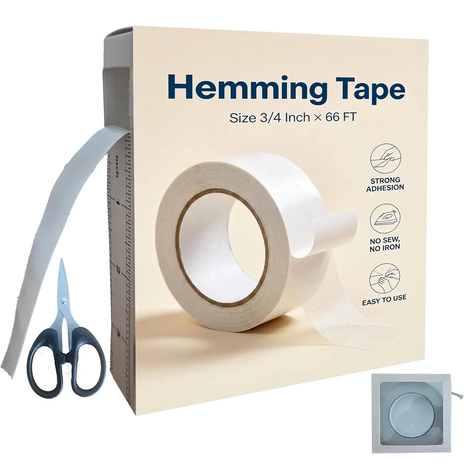 Hem Tape, 3/4In X 66FT Double Sided Fabric Tape with Storage Box,  Witchery Hemming Tape for Curtains, No Sewing Ironing Tape for Dress Jeans Clothing Rug Carpet DIY