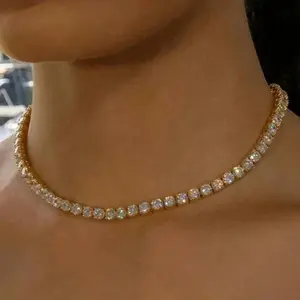 Classic Single Row Round CZ Tennis Choker Gold Plated Minimal Shiny Necklace For Women