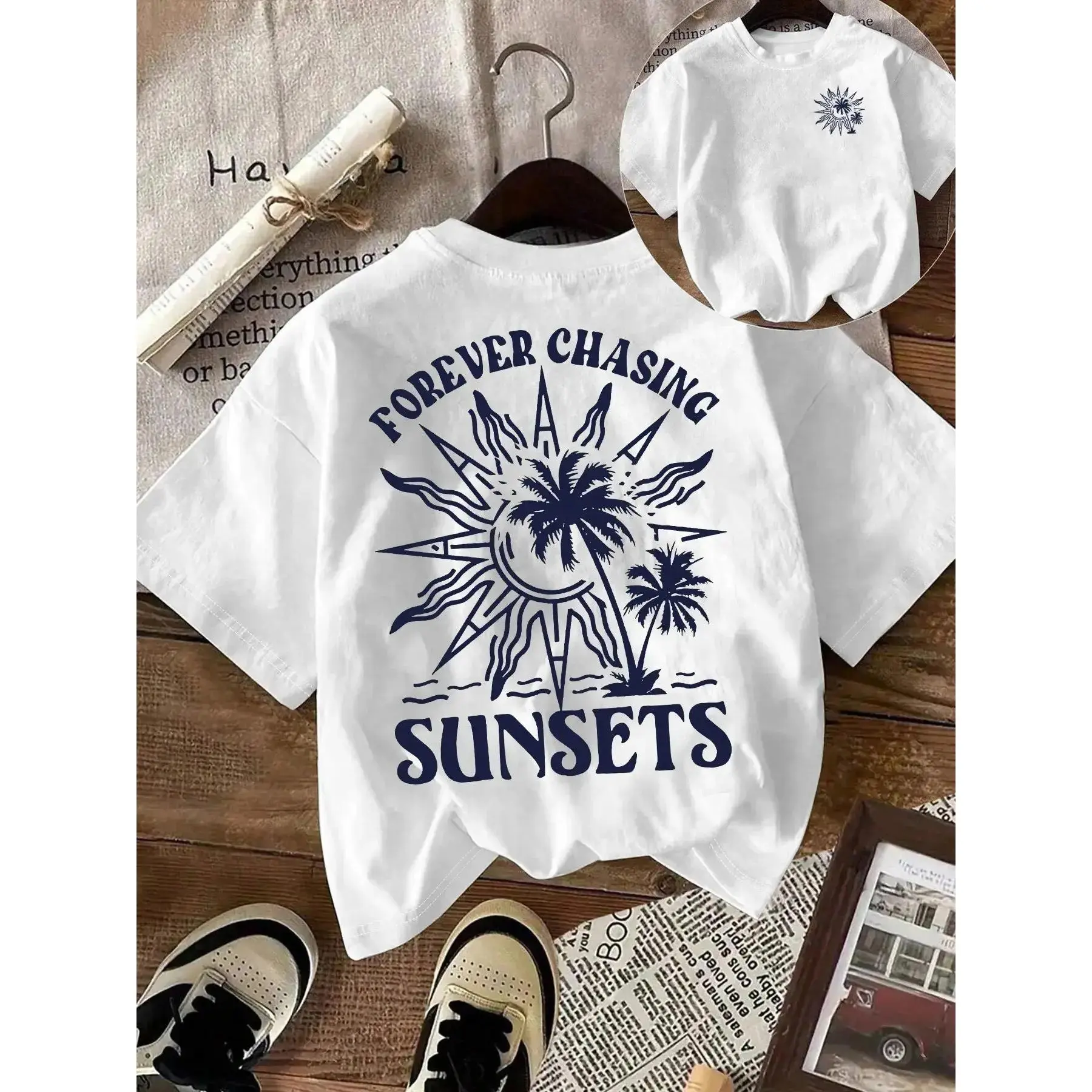 Unisex Forever Chasing Sunsets T-Shirt, Tropical Palm Tree Graphic Tee, Comfortable Casual Top for Beach Vacation and Summer Outfits summerwins
