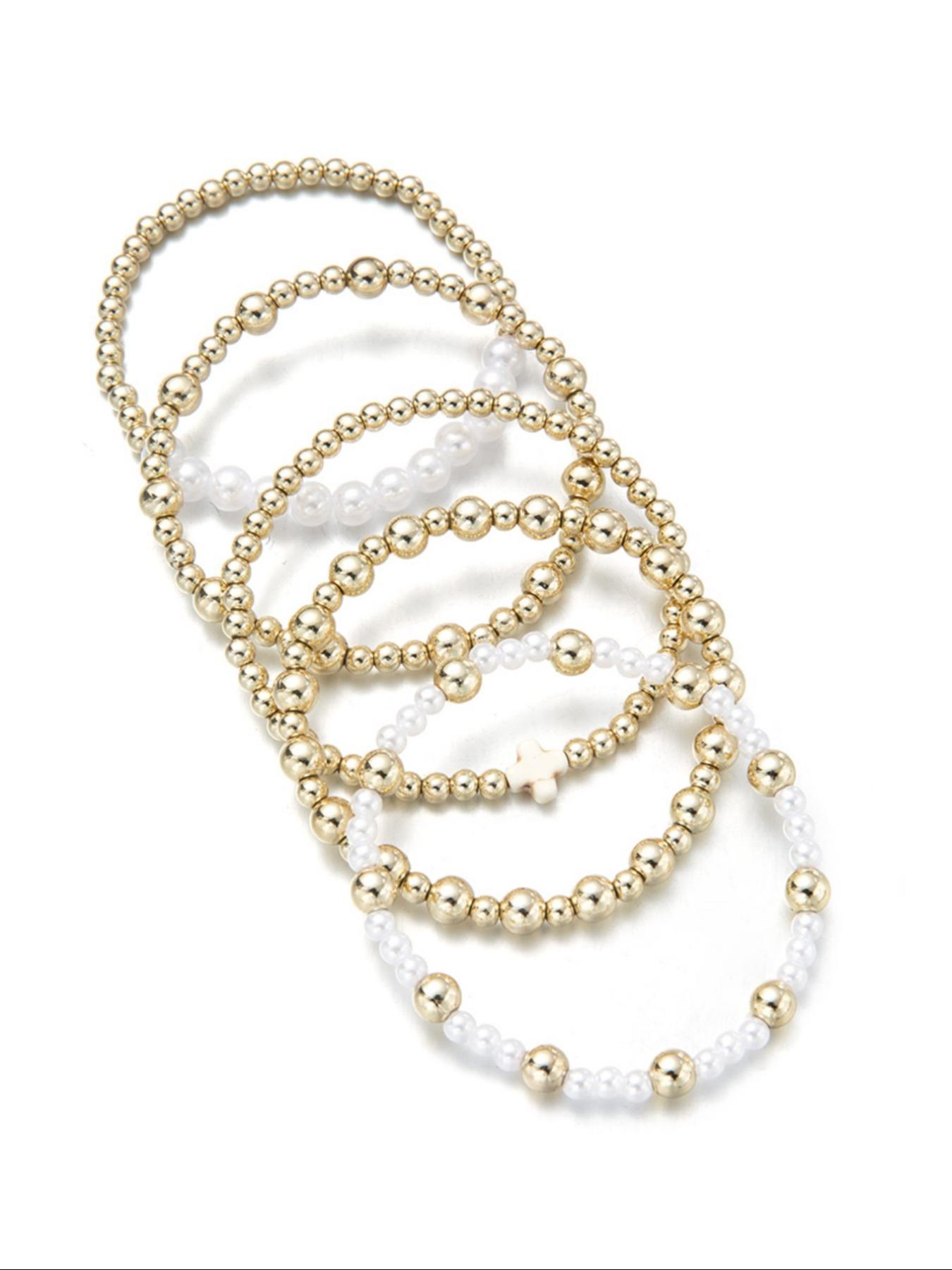 Boho Style Faux Pearl Decorated Bracelet Set, Fashion Cross Charm Beaded Bracelet for Women & Men, Trendy All-match & Exquisite Jewelry for Birthday Gift, Stackable Bracelets