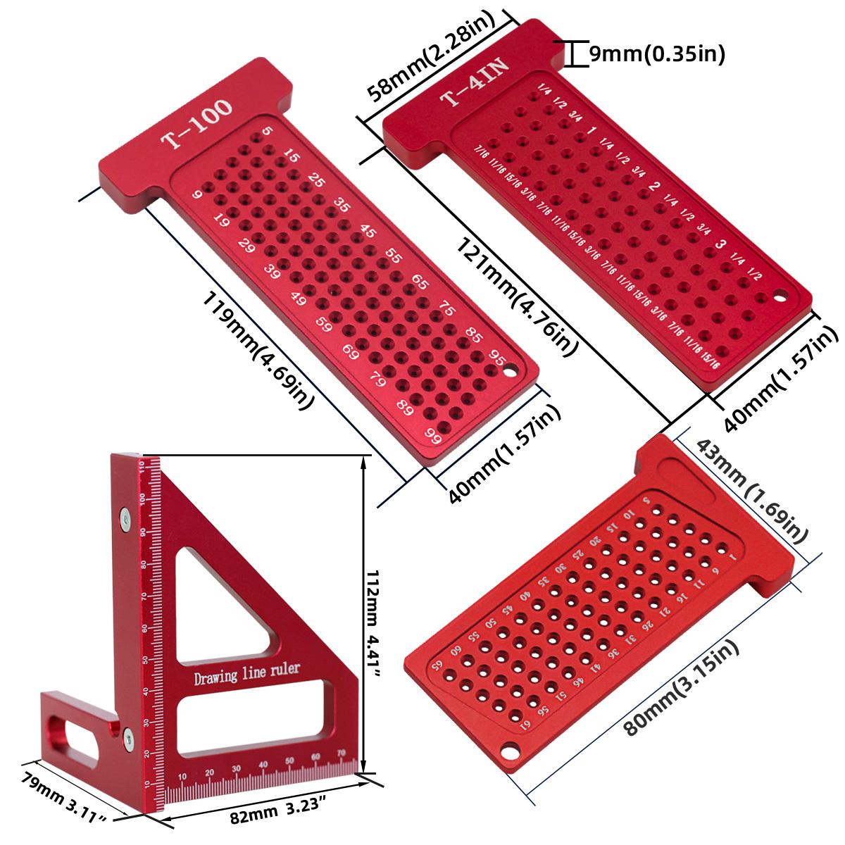 Woodworking Scriber Square Protractor Kit, Multi-angle Miter Triangle Ruler & T-square Hole Scribing Pocket Ruler, Hand Measuring Tools