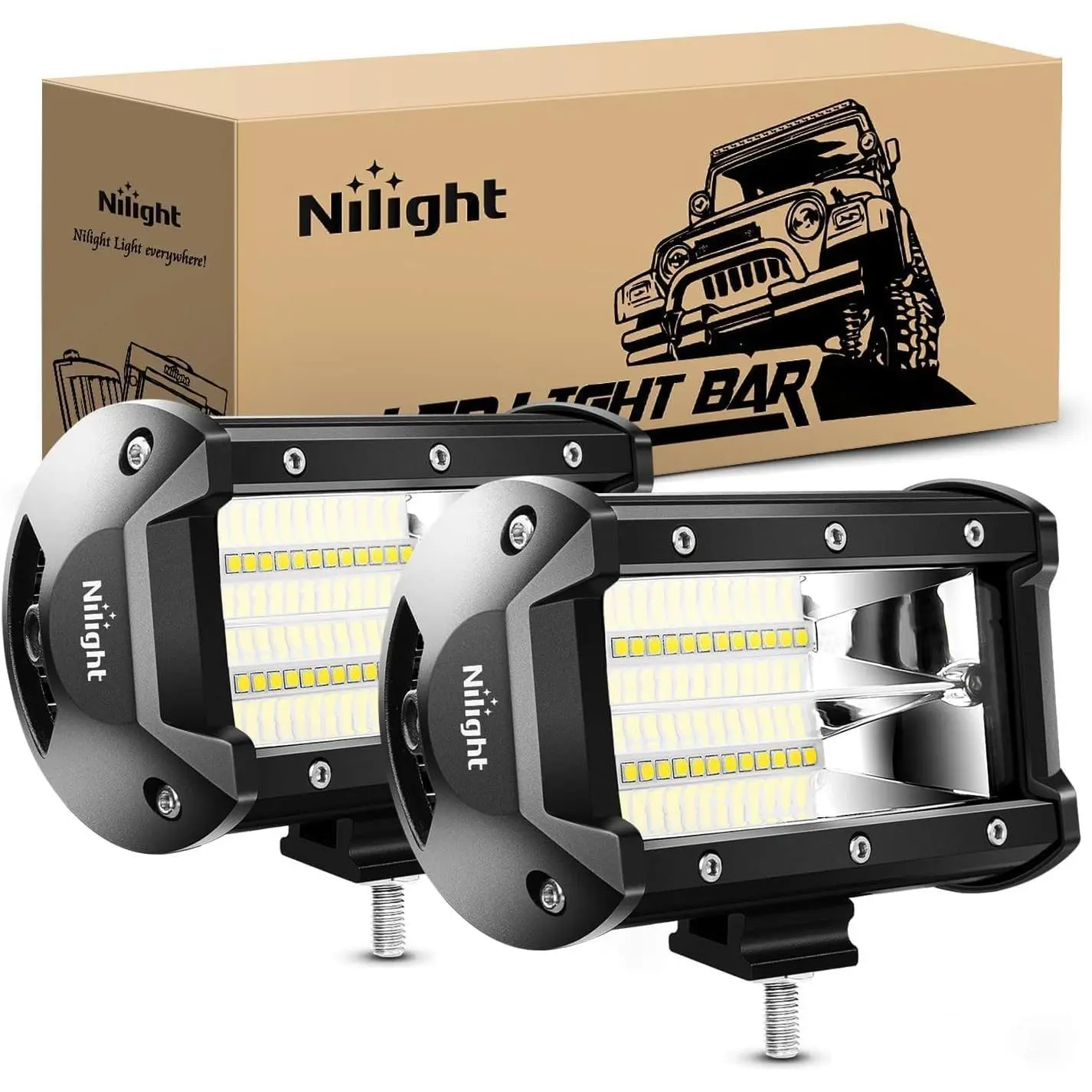 Nilight 18001F-B 2PCS 5In 72W IP67 Waterproof Aluminum Dual-Row Flood LED Off-Road Lights, 10800Lumens Sliding Driving Fog Lights, Car Accessories for Trucks, Jeeps