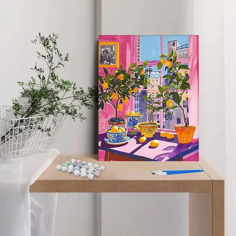 Kitchen Aesthetic Paint by Numbers for Adults with Stretched Canvas Frame 16x20 Inch 40x50cm Mediterranean Vibe Lemon Fruit Food DIY Acrylic Oil Painting Kit Colorful Whimsical Wall Art Crafts Gift Pre-framed Paint by Number Kit