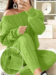 Two-Piece Set for Autumn and Winter, Long Sleeve Pullover Sweater with Knit Long Pants, Casual Minimalist for Everyday Wear