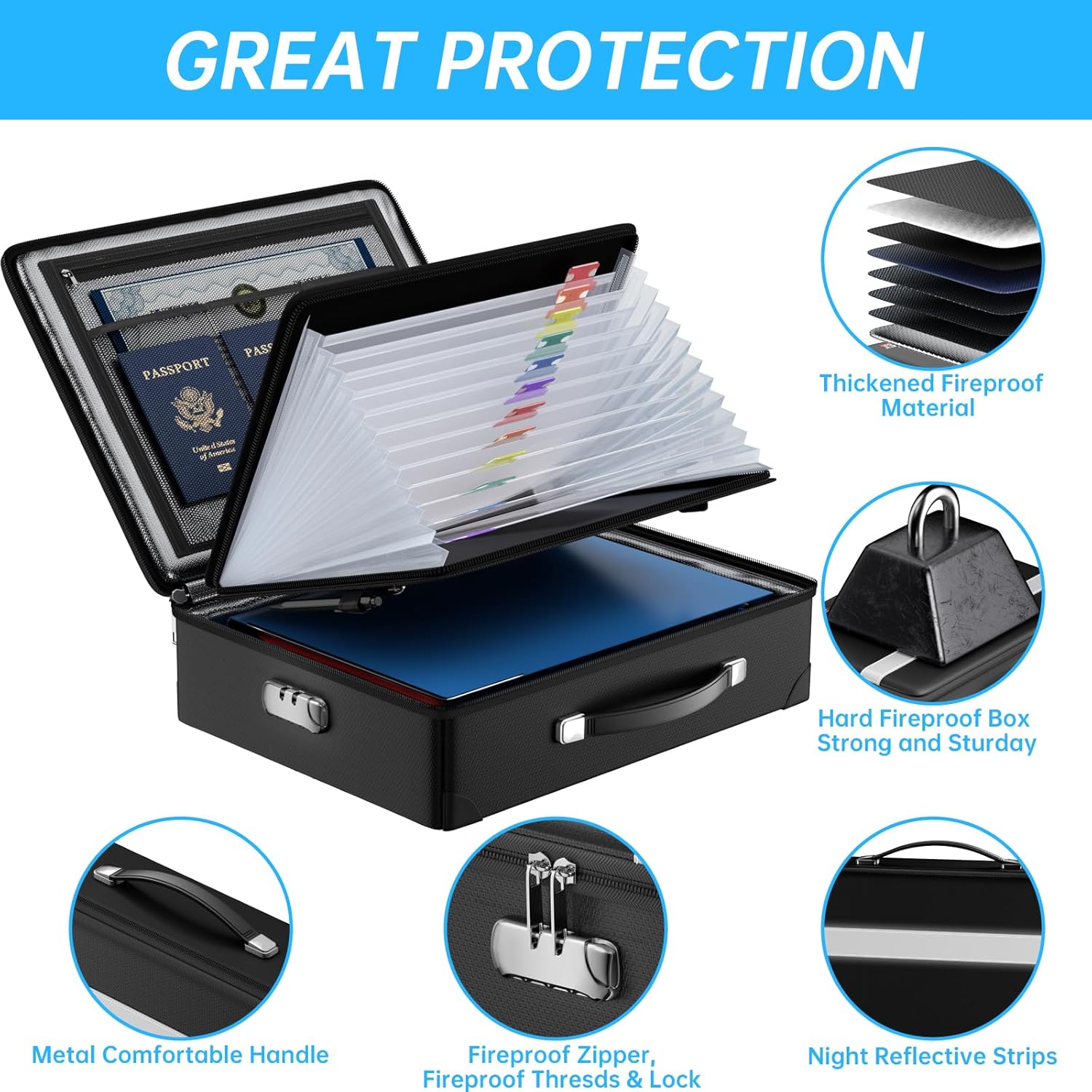 Fireproof Document Box with lock, File Organizer with Fireproof Zipper, Hard Shell Fireproof &  Storage box, Portable Safe for , Important Documents, Laptop, Black