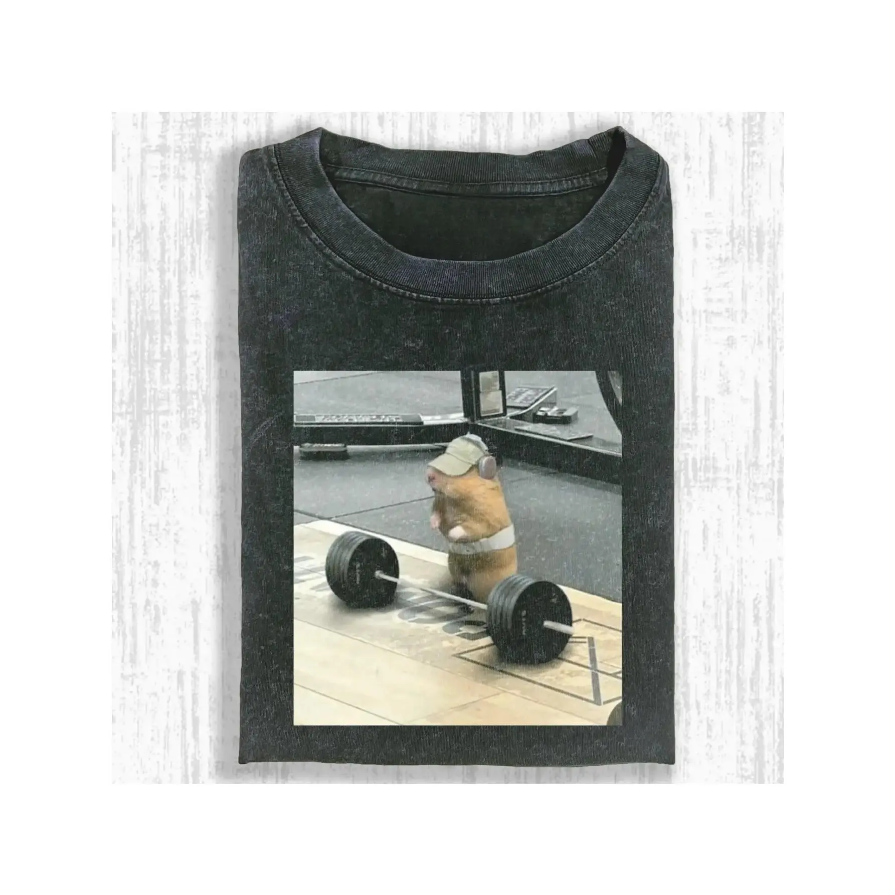 Vintage Acid Washed Oversized Crew Neck Tee Funny Gym Hamster Weightlifting Meme Graphic T Shirt Retro Distressed Print Workout Fitness Loose Unisex Short Sleeve Shirt Grunge Aesthetic Casual Streetwear Faded Black Washed Version