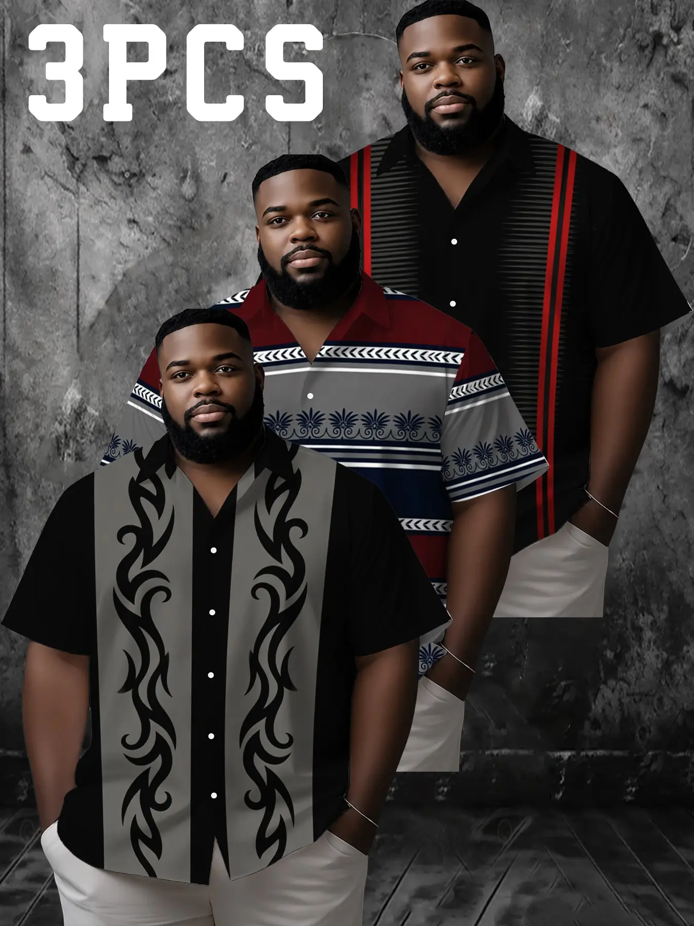 3-Pack Plus Size Men's Casual Short Sleeve Shirts, Vintage Colorblock Totem Stripe Print Button-Down, Versatile Vacation Top