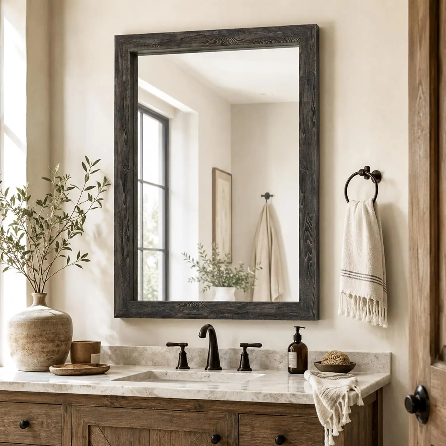 24"x36" Black Bathroom Mirror for Wall, Rustic Charred Wood Texture Vanity Mirror, Industrial Farmhouse Decor Mirror for Over Sink & Living Room, Horizontal/Vertical