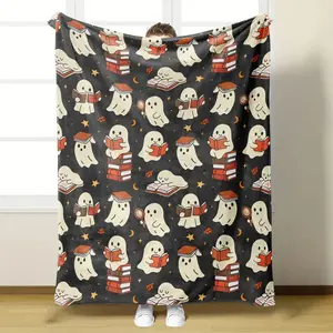Fun Ghost Library Flannel Blanket, Cute Small Ghost Multi-Shape Print Decorative Blanket, Room Bedroom Sofa Warm Blanket