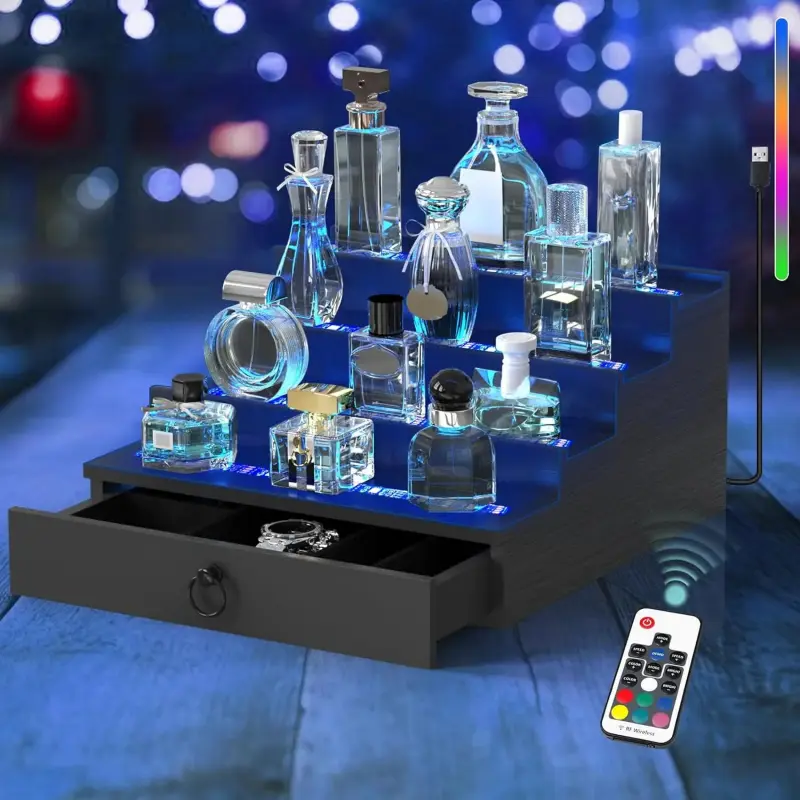 High Quality Durable LED Lighted Multi-Tier Cologne Organizer for Men, 4-Tier Perfume Display Holder with Colorful Light Strip, Lined Drawer, Multi Lighting Modes & Remote Control, Home Storage Shelf Stand, One Piece