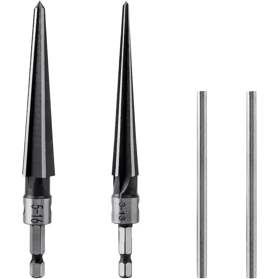 2Pcs T Handle Taper Reamer Set 6 Fluted Chamfer Reaming for Guitar Bridge Pin Hole Woodworking Tool 1/8"-1/2" (3-13mm) & 3/16''-5/8'' (5-16mm)