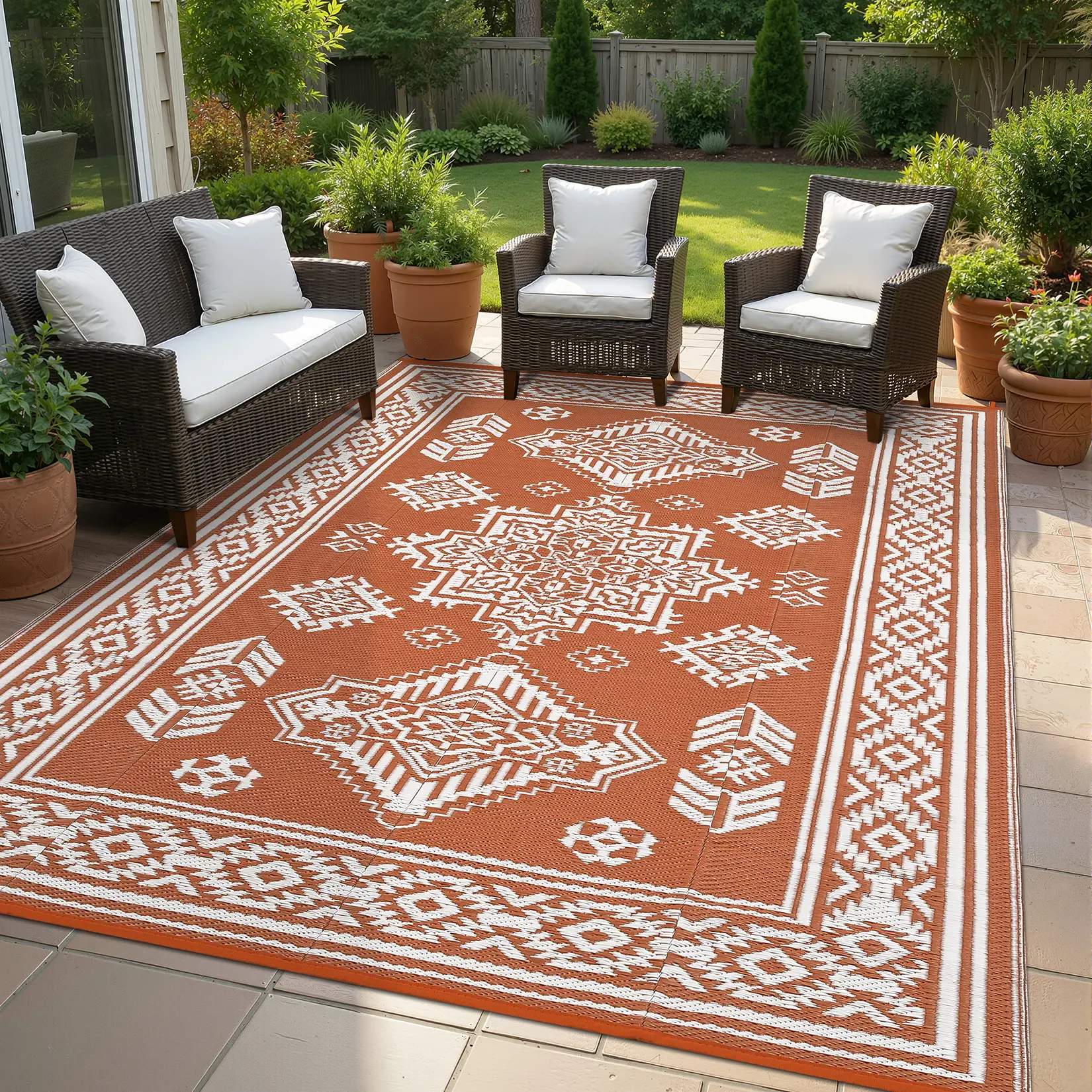 Waterproof Reversible Outdoor Rug, Vintage Medallion Patio Carpet for RV, Porch, Deck, Backyard, Camping, Balcony
